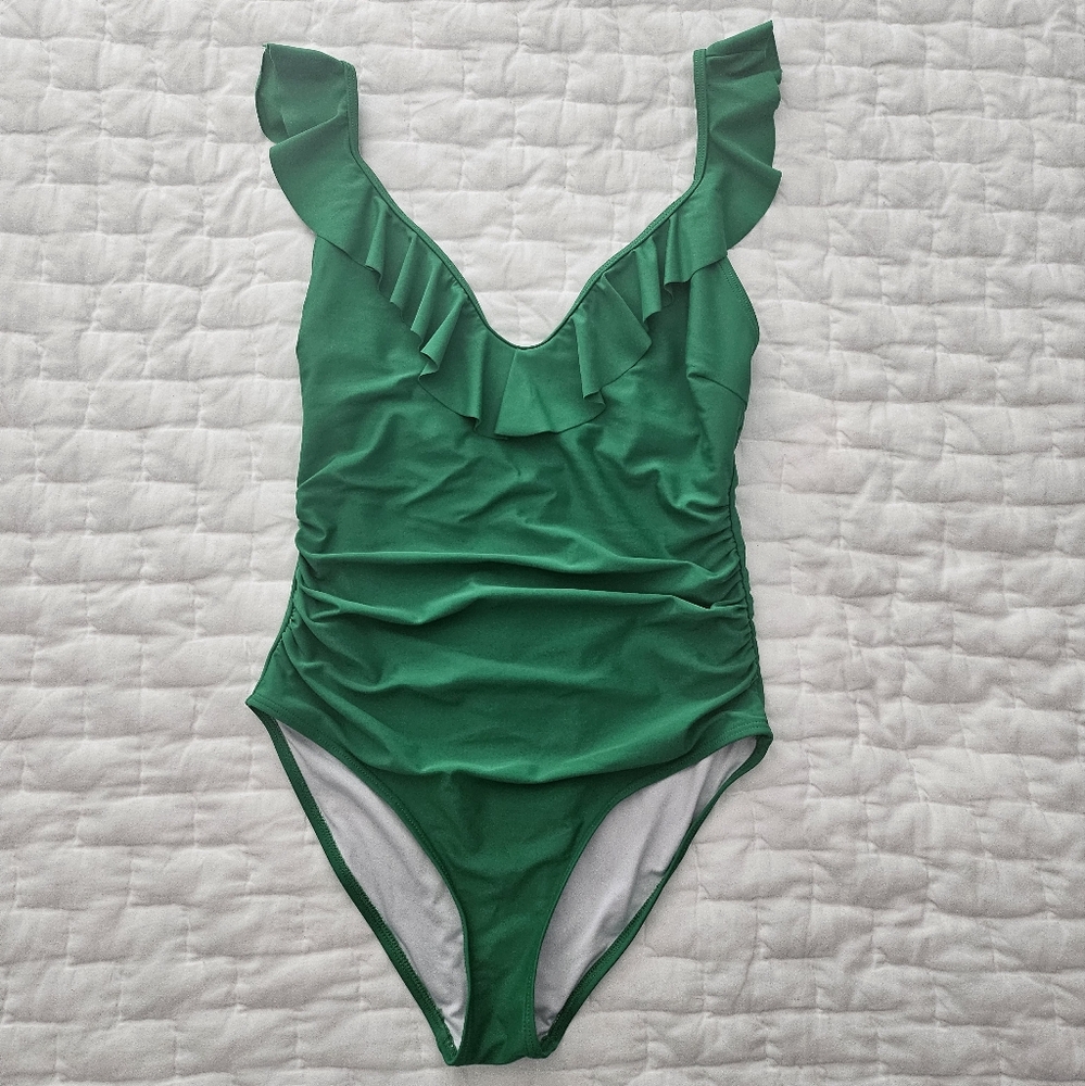 Hilor One Piece V Neck Ruffled Shirred Waist One Piece Bathing Suit